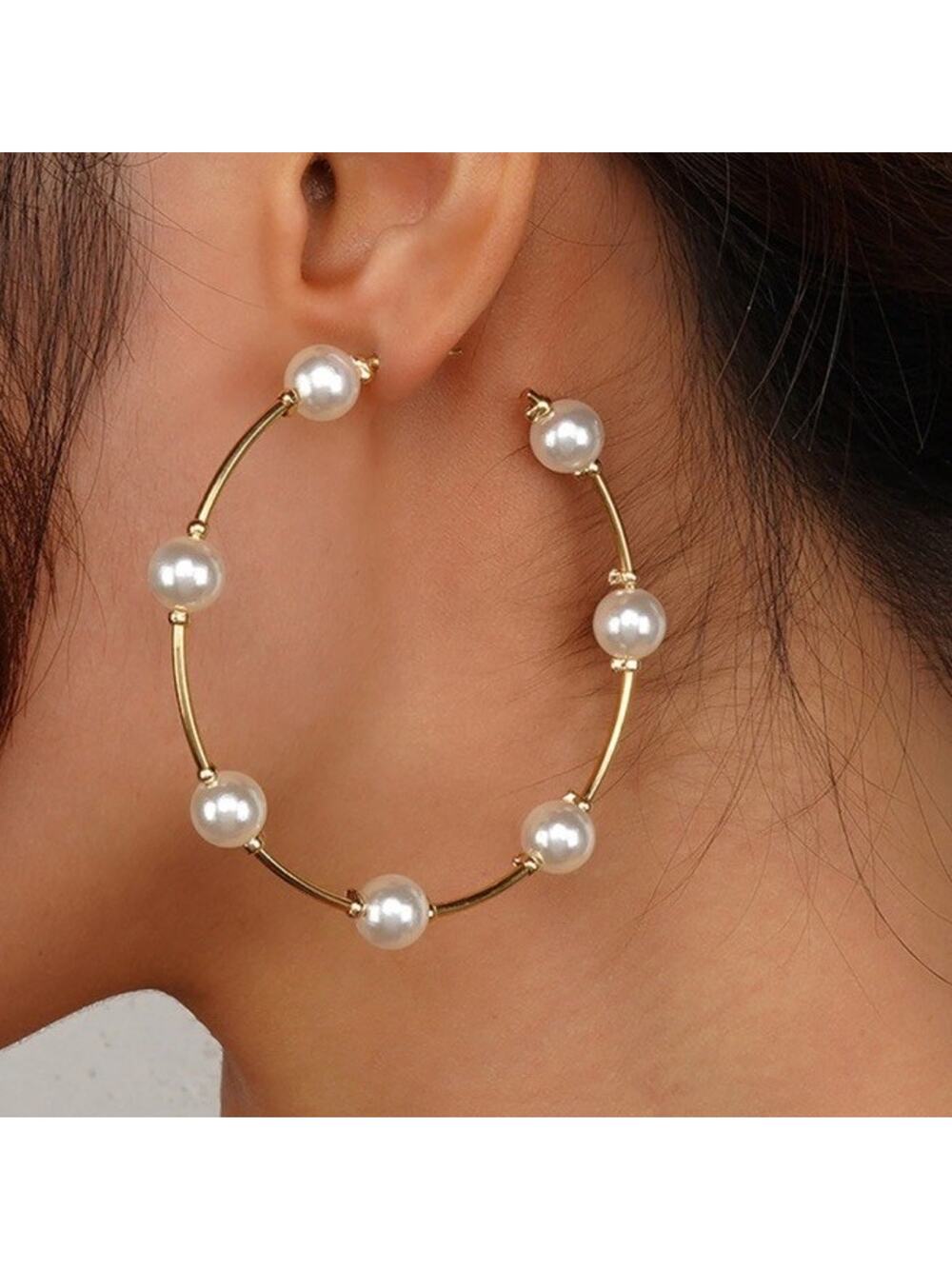 FAUX Pearl Hoop Earrings-Gold Toned White Pearl Oversized Statement 2 1/2” (2)